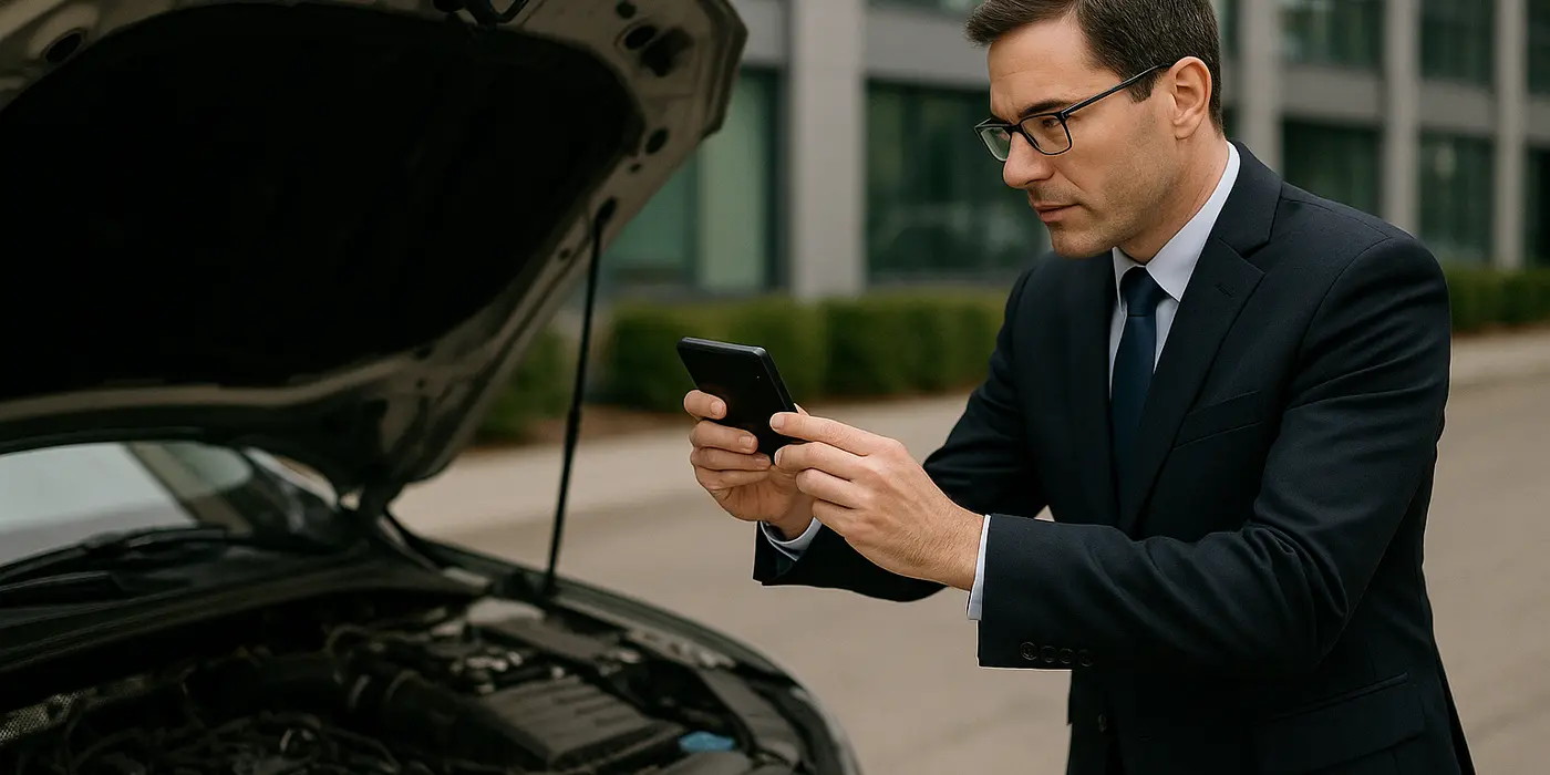 a man taking a picture with his phone under the hood of his lemon car from Lemon Law Lawyer Los Angeles in Los Angeles, CA Lawyer near me