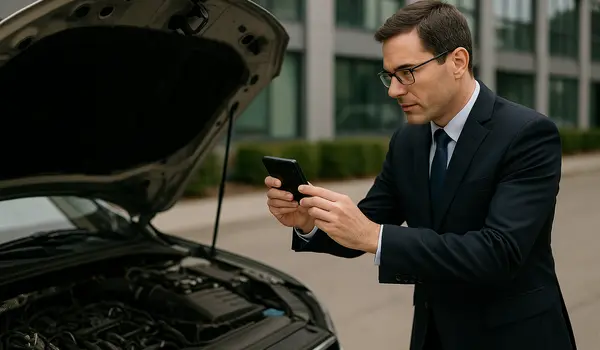 a man taking a picture with his phone under the hood of his lemon car from Lemon Law Lawyer Los Angeles in Los Angeles, CA Lawyer near me