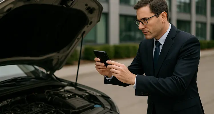a man taking a picture with his phone under the hood of his lemon car from Lemon Law Lawyer Los Angeles in Los Angeles, CA Lawyer near me