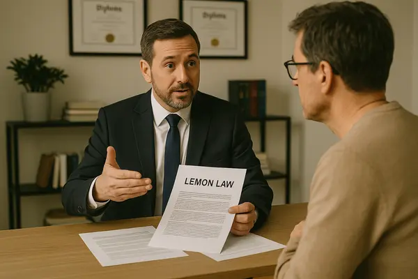 a lawyer in his office explaining the lemon law to a customer from Lemon Law Lawyer Los Angeles in Los Angeles, CA  Lawyer near me