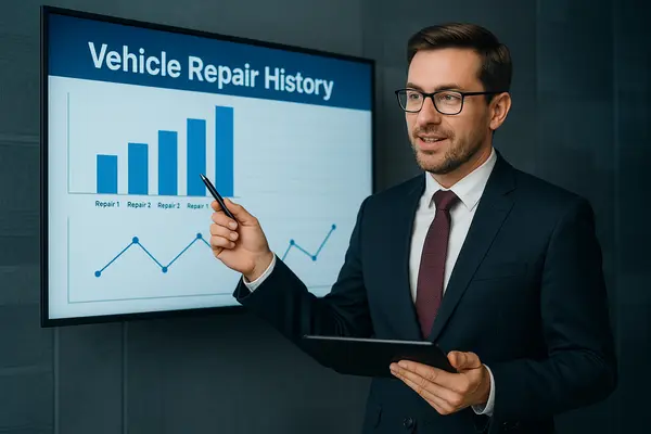 a lawyer giving a presentation with some statistics of vehicle repair history from Lemon Law Lawyer Los Angeles in Los Angeles, CA Lawyer near me