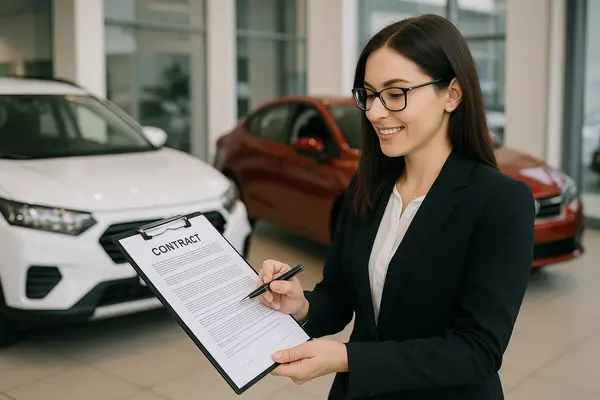 a woman representative holding a contract at a car dealership from Lemon Law Lawyer Los Angeles in Los Angeles, CA  Lawyer near me