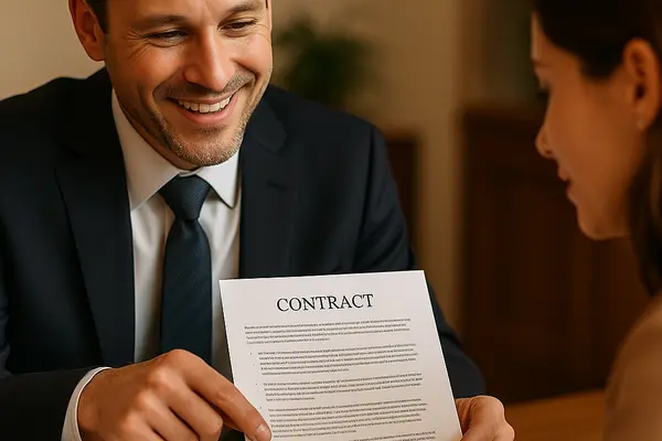 a lemon law lawyer smilig as he shows a contract to a woman from Lemon Law Lawyer Los Angeles in Los Angeles, CA - lemon case settlement a lemon law lawyer smilig as he shows a contract to a woman from Lemon Law Lawyer Los Angeles in Los Angeles, CA - lemon case settlement