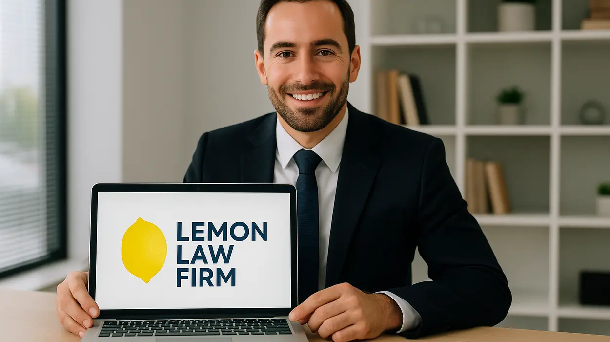 a lwayer in his office showing a laptop screen that says lemon law firm from Lemon Law Lawyer Los Angeles in Los Angeles, CA - lemon law buyback