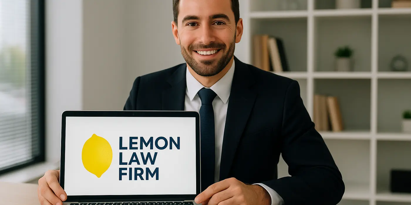 a lwayer in his office showing a laptop screen that says lemon law firm from Lemon Law Lawyer Los Angeles in Los Angeles, CA - lemon law buyback a lwayer in his office showing a laptop screen that says lemon law firm from Lemon Law Lawyer Los Angeles in Los Angeles, CA - lemon law buyback