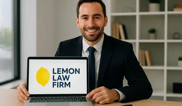 a lwayer in his office showing a laptop screen that says lemon law firm from Lemon Law Lawyer Los Angeles in Los Angeles, CA - lemon law buyback