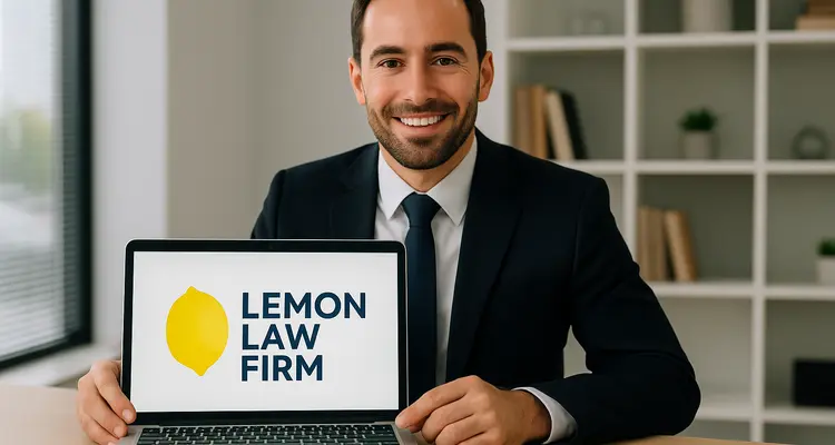 a lwayer in his office showing a laptop screen that says lemon law firm from Lemon Law Lawyer Los Angeles in Los Angeles, CA - lemon law buyback