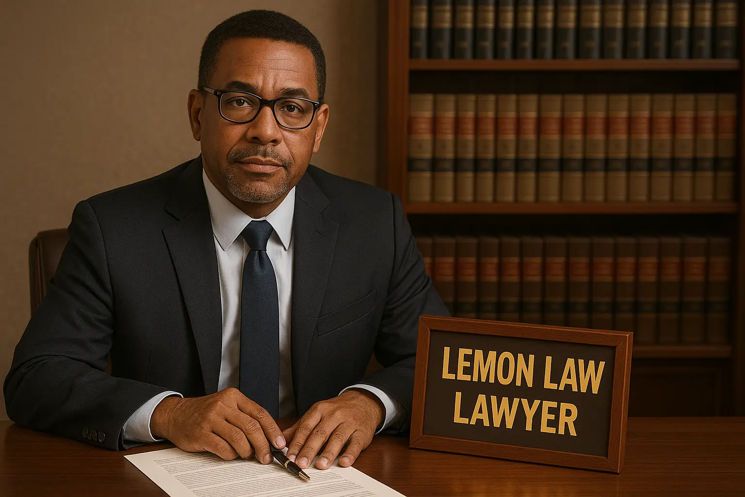 a lawyer seating at his desk with a sign next to him that says lemon law from Lemon Law Lawyer Los Angeles in Los Angeles, CA - Lemon Law Litigation a lawyer seating at his desk with a sign next to him that says lemon law from Lemon Law Lawyer Los Angeles in Los Angeles, CA - Lemon Law Litigation