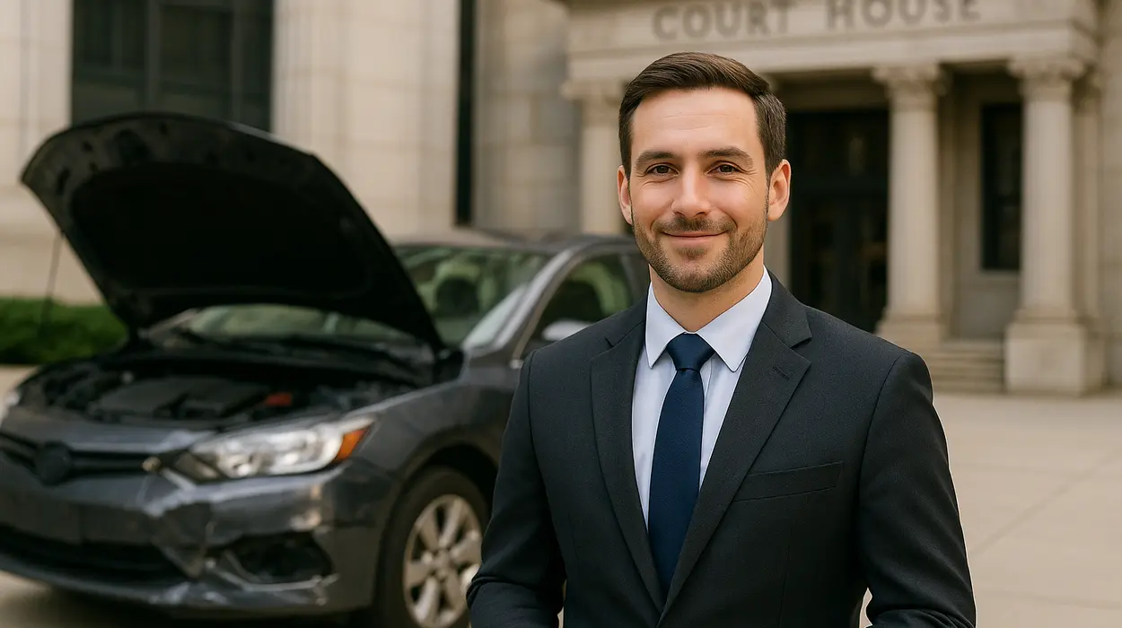 a male lawyer smiling at the camera with a lemon car in the background from Lemon Law Lawyer Los Angeles in Los Angeles, CA - Lemon Vehicles
