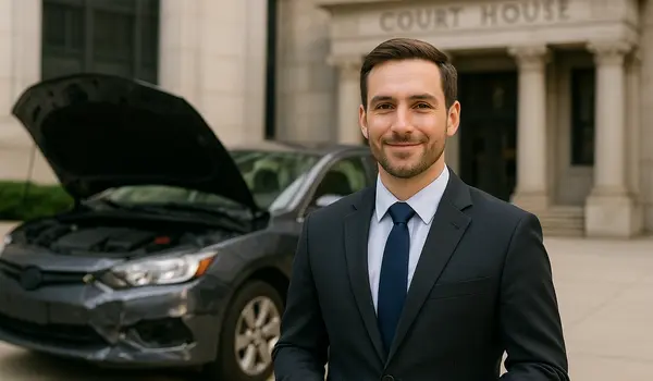 a male lawyer smiling at the camera with a lemon car in the background from Lemon Law Lawyer Los Angeles in Los Angeles, CA - Lemon Vehicles