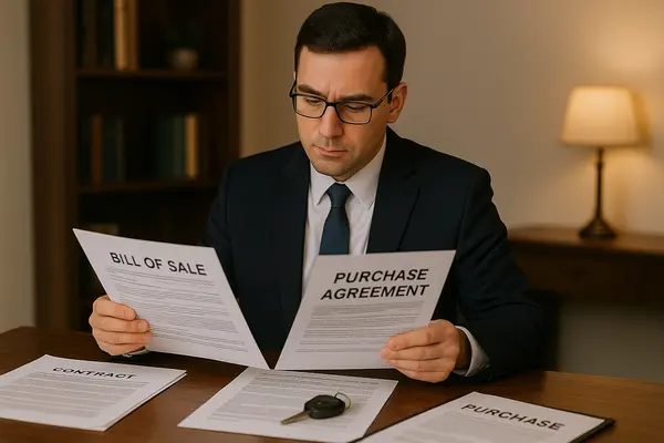 a lemon law lawyer in his office reading a bill of sales and purchase agreement from Lemon Law Lawyer Los Angeles in Los Angeles, CA - Lemon Vehicles a lemon law lawyer in his office reading a bill of sales and purchase agreement from Lemon Law Lawyer Los Angeles in Los Angeles, CA - Lemon Vehicles
