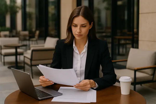 a female lawyer reading a document outside of a coffee place from Lemon Law Lawyer Los Angeles in Long Beach, CA - Long Beach CA a female lawyer reading a document outside of a coffee place from Lemon Law Lawyer Los Angeles in Long Beach, CA - Long Beach CA
