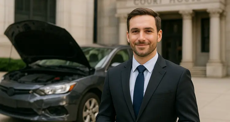 a male lawyer smiling at the camera with a lemon car in the background from Lemon Law Lawyer Los Angeles in Santa Monica, CA - Santa Monica CA