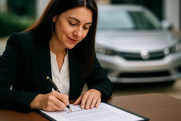 a female representative pointing with a pen to a car sales contract from Lemon Law Lawyer Los Angeles in Santa Monica, CA - Santa Monica CA