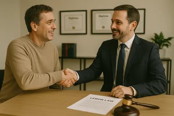a lemon law lawyer shaking hands with a customer in his office from Lemon Law Lawyer Los Angeles in Santa Monica, CA - Santa Monica CA