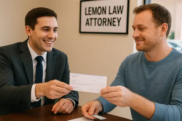 a lemon law lawyer handing a check to his customer after winning his case from Lemon Law Lawyer Los Angeles in Santa Monica, CA - Santa Monica CA